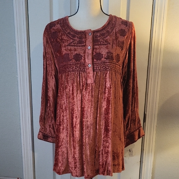 Tru Luxe Jeans Tops - Tru Luxe Jeans Velvet Embroidered Blouse - Deep Rust